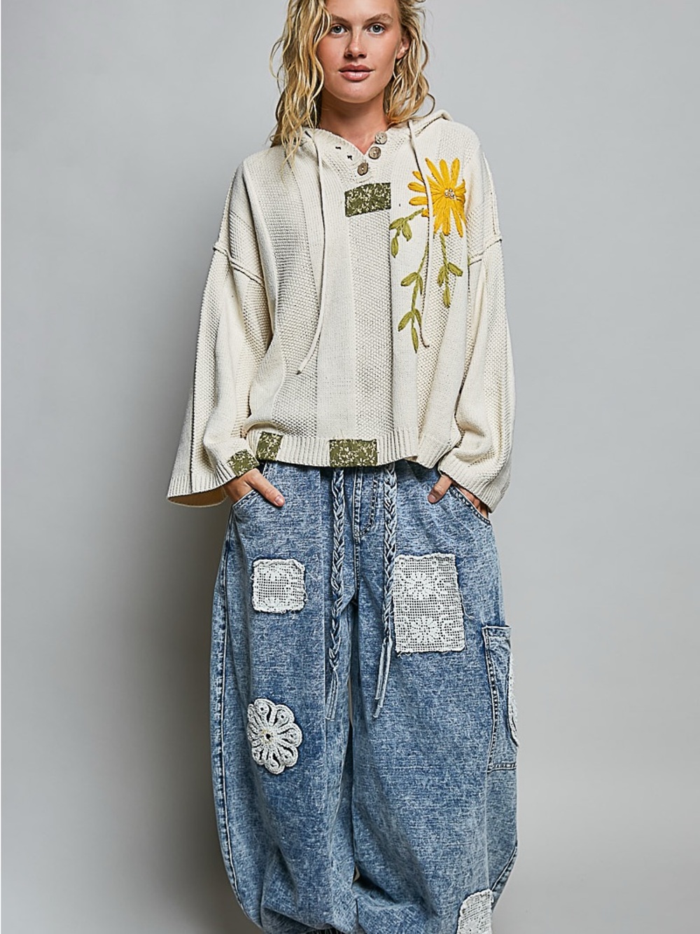 POL Cream Sunflower Embroidered Oversized Knit Boho Hoodie - Picture 7 of 8